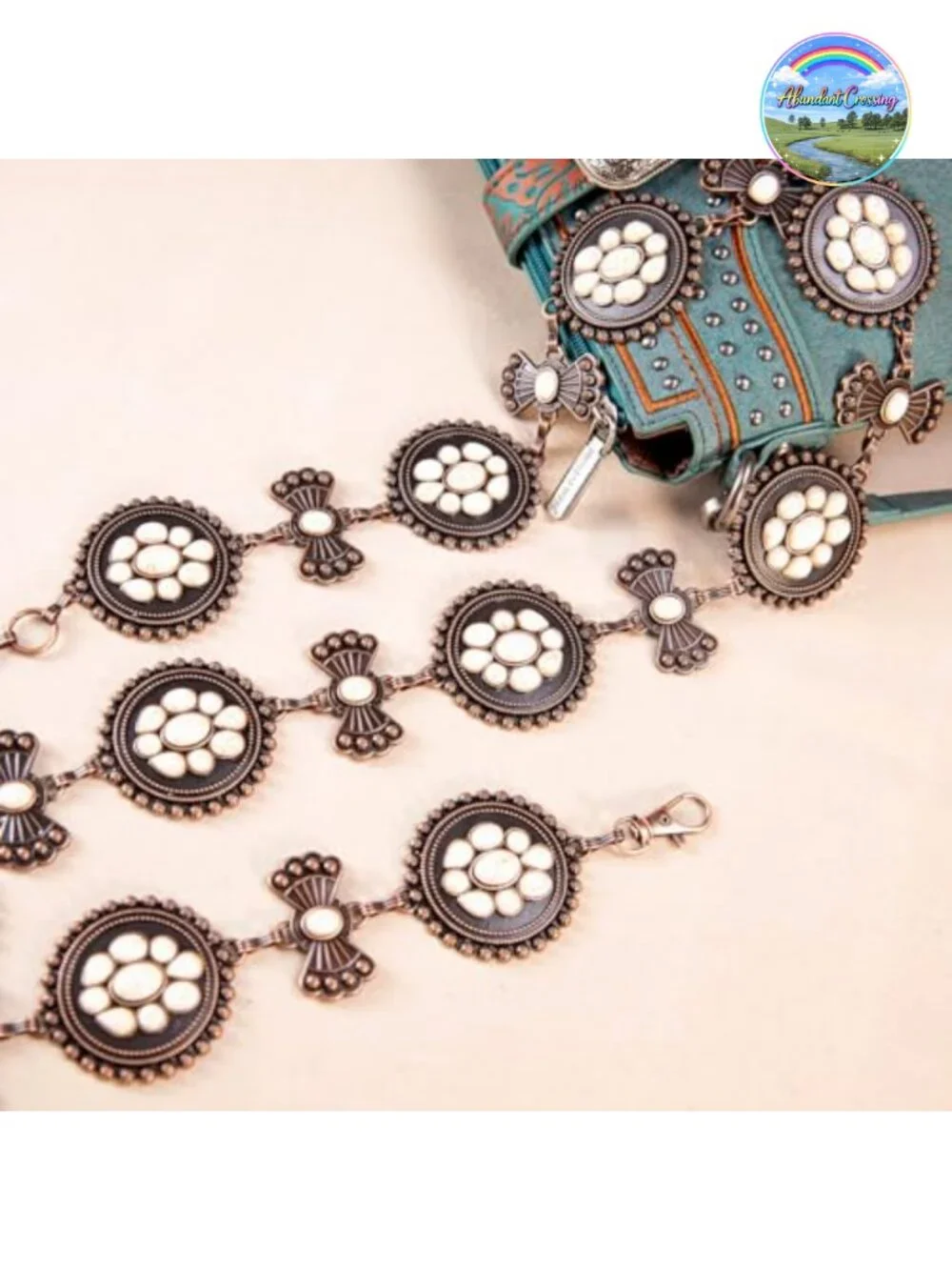 Western Concho Chain Belt with Turquoise Stones Metal Lobster Claw Clasp